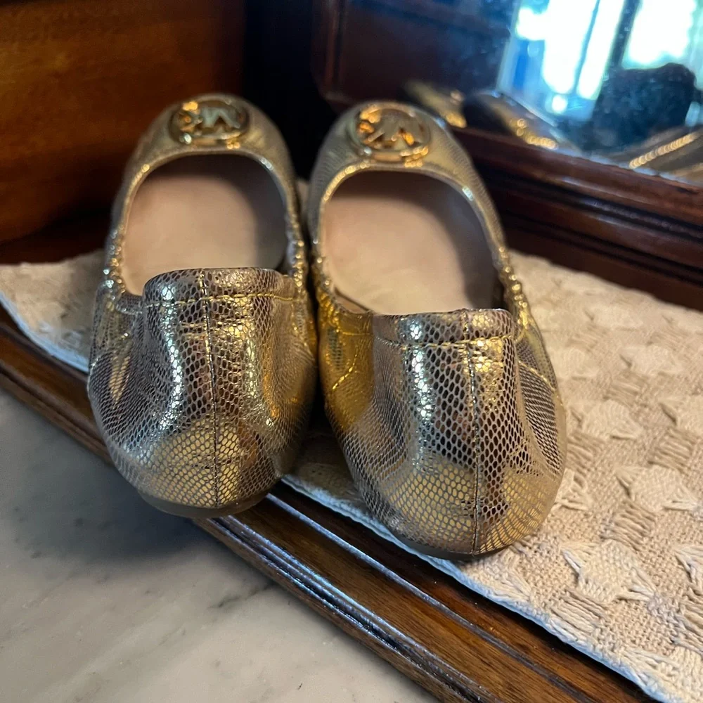 MICHAEL KORS Classic Fulton‎ Python Embossed Ballet Flats Gold Metallic Wms Sz 8